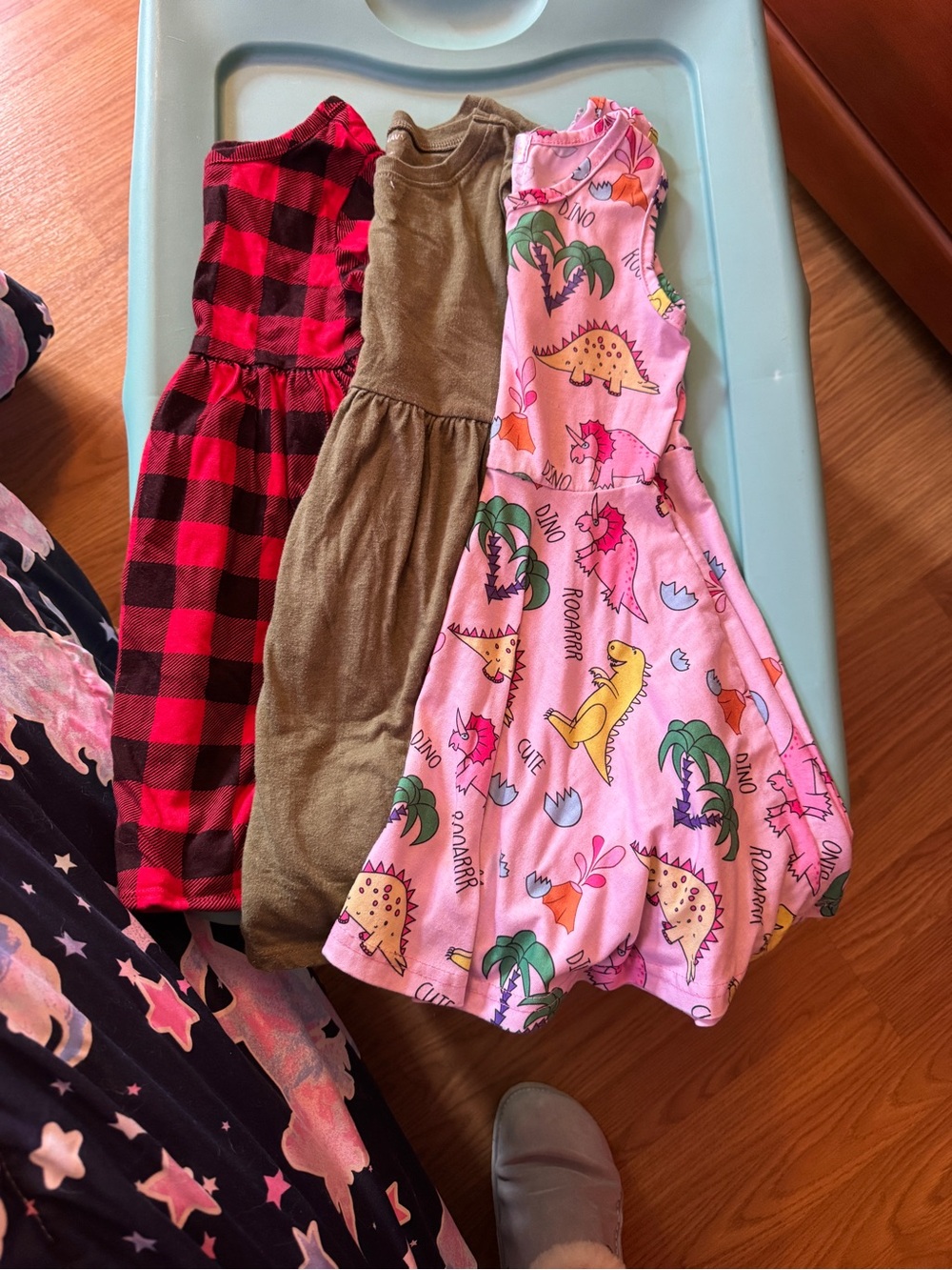 Toddler Girls' 3-Pack Dresses - Buffalo Plaid, Olive, Pink Dino Print